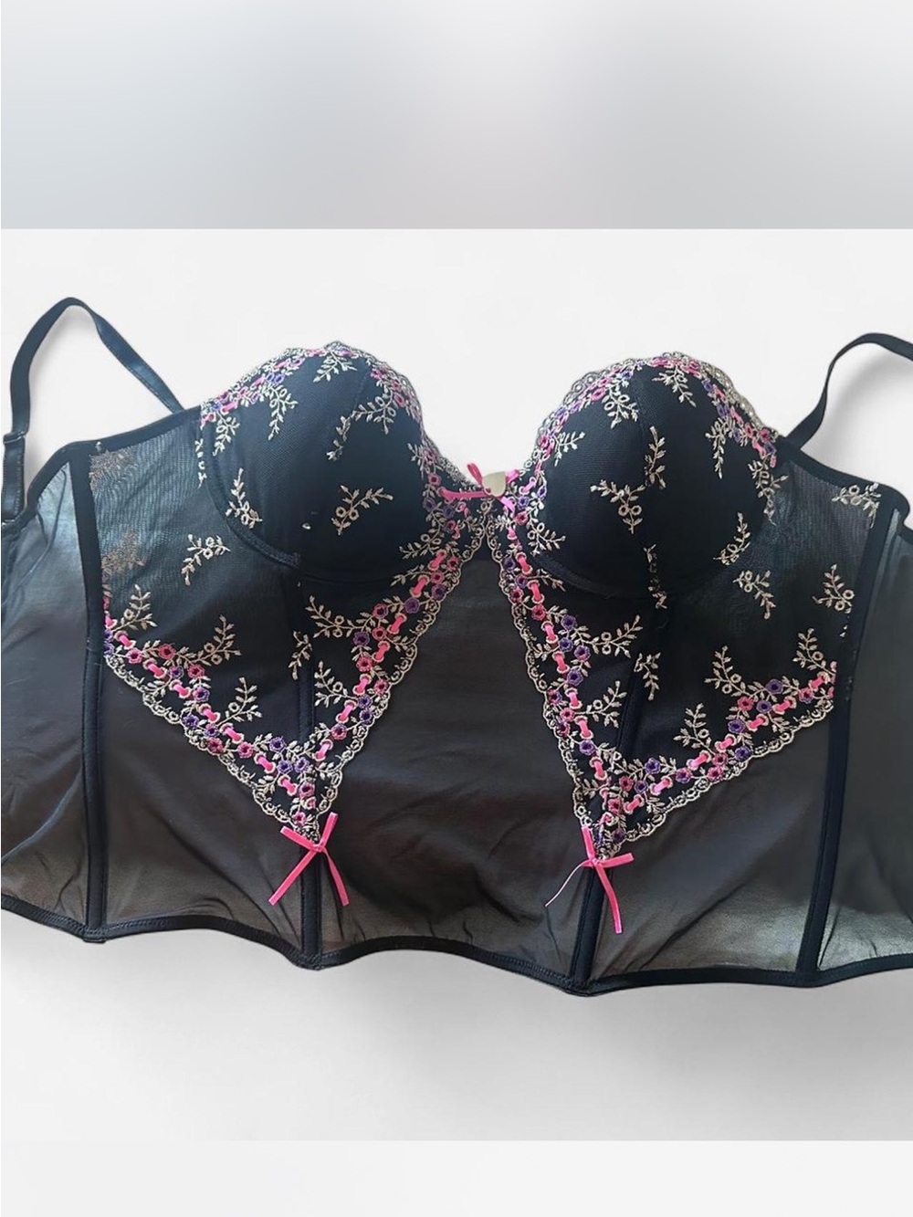 PLAYBOY Vintage Black Bustier with Pink and Cream Floral Embroidery